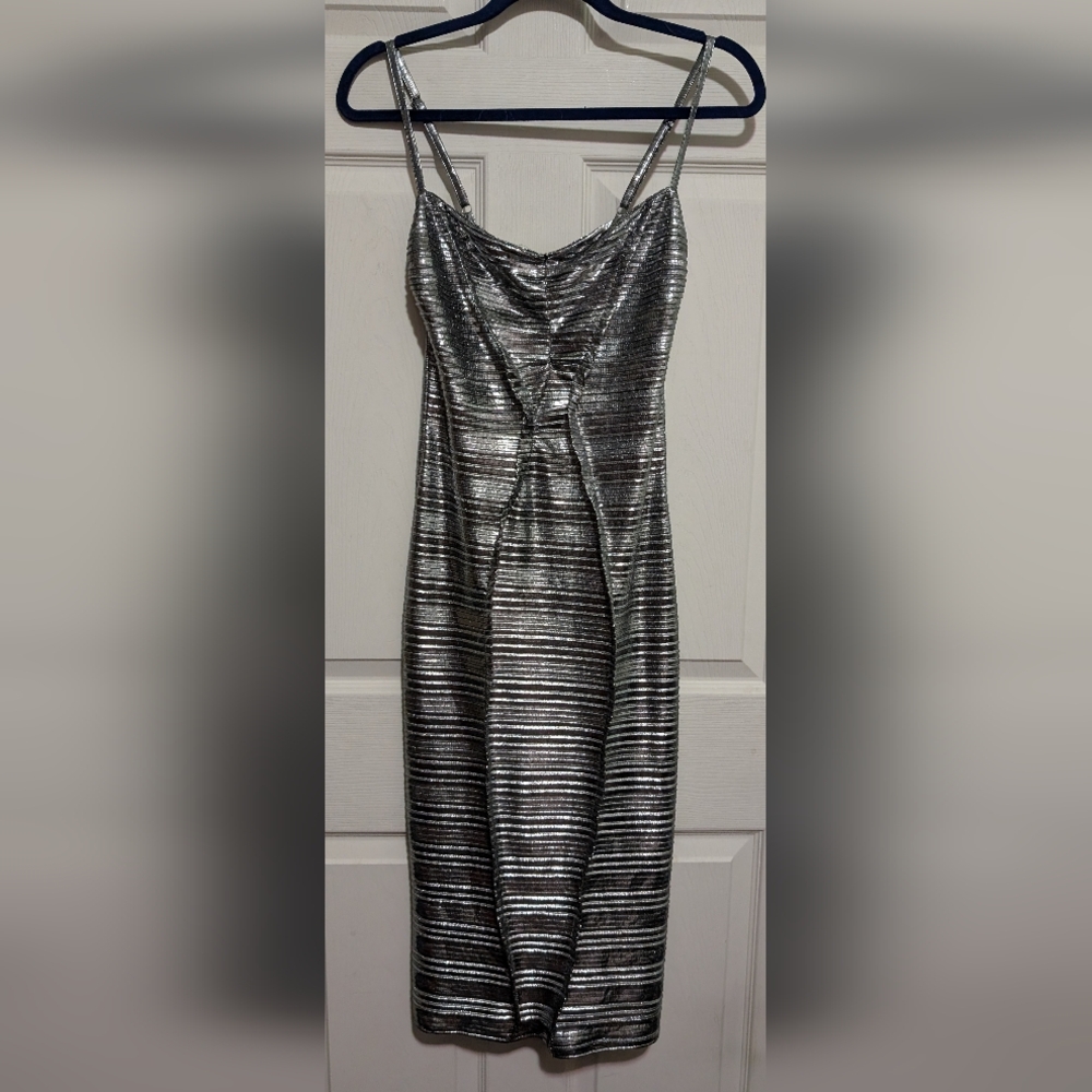 Georgia Hardinge Silver Bodycon Midi Dress UK.6 US 2 Stretchy Spaghetti Strap
